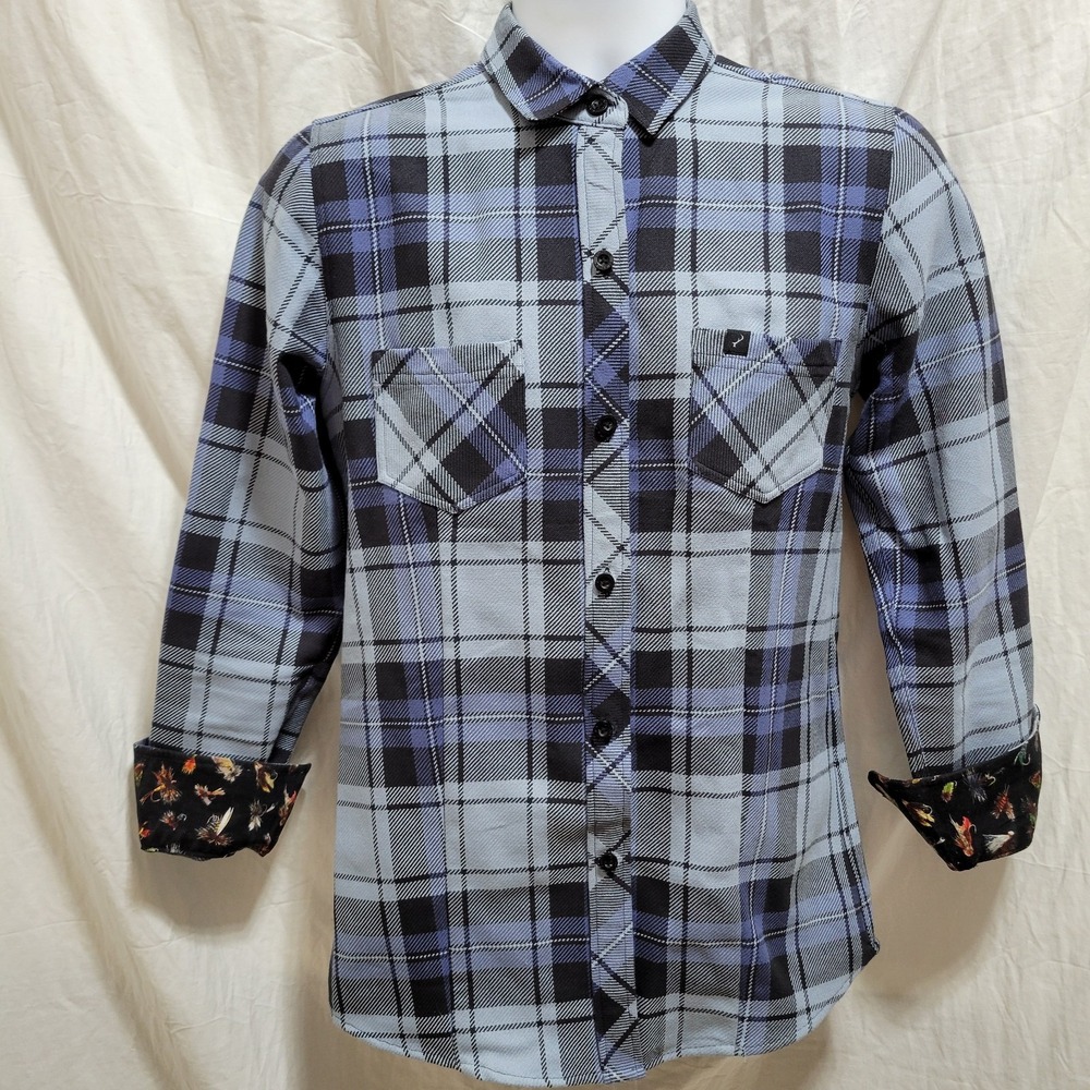 Pladra Women's Blue Plaid Flannel Shirt Fishing Lure Flip Cuff Size Small